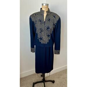 St. John by Marie Gray Vintage Navy Blue Suit with Gold Stars & Trim size 8